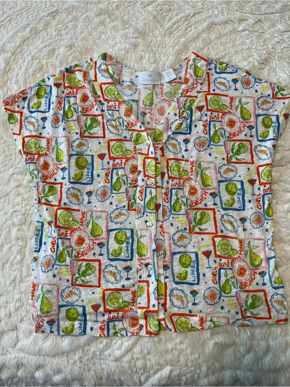 XL Cynthia Rowley White Short-Sleeve Button Front Too with Red, Green & Blue - Picture 1 of 3